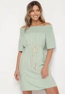 Sukienki - Zielona Sukienka z Wiskozą Bawełną Hiszpańskim Dekoltem i Sznurkiem Lilarenne - miniaturka - grafika 1