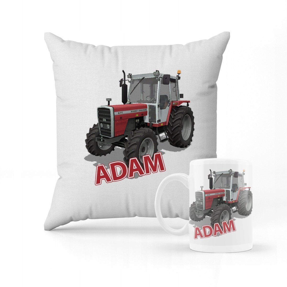 ZESTAW PODUSZKA + KUBEK PREZENT DLA DZIECKA CIĄGNIK TRAKTOR MASSEY + IMIĘ