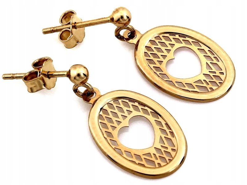 Złote kolczyki wiszące 585 owalne przywieszki z ażurem z serduszkiem sztyft