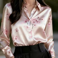 Koszule damskie - TEMU Elegancka Specjalna Edycja Damska Satynowa Koszula z Nadrukiem - Długi Rękaw, Guziki, Kołnierzyk, Średnia Elastyczność, Nadaje się do Prania w - miniaturka - grafika 1