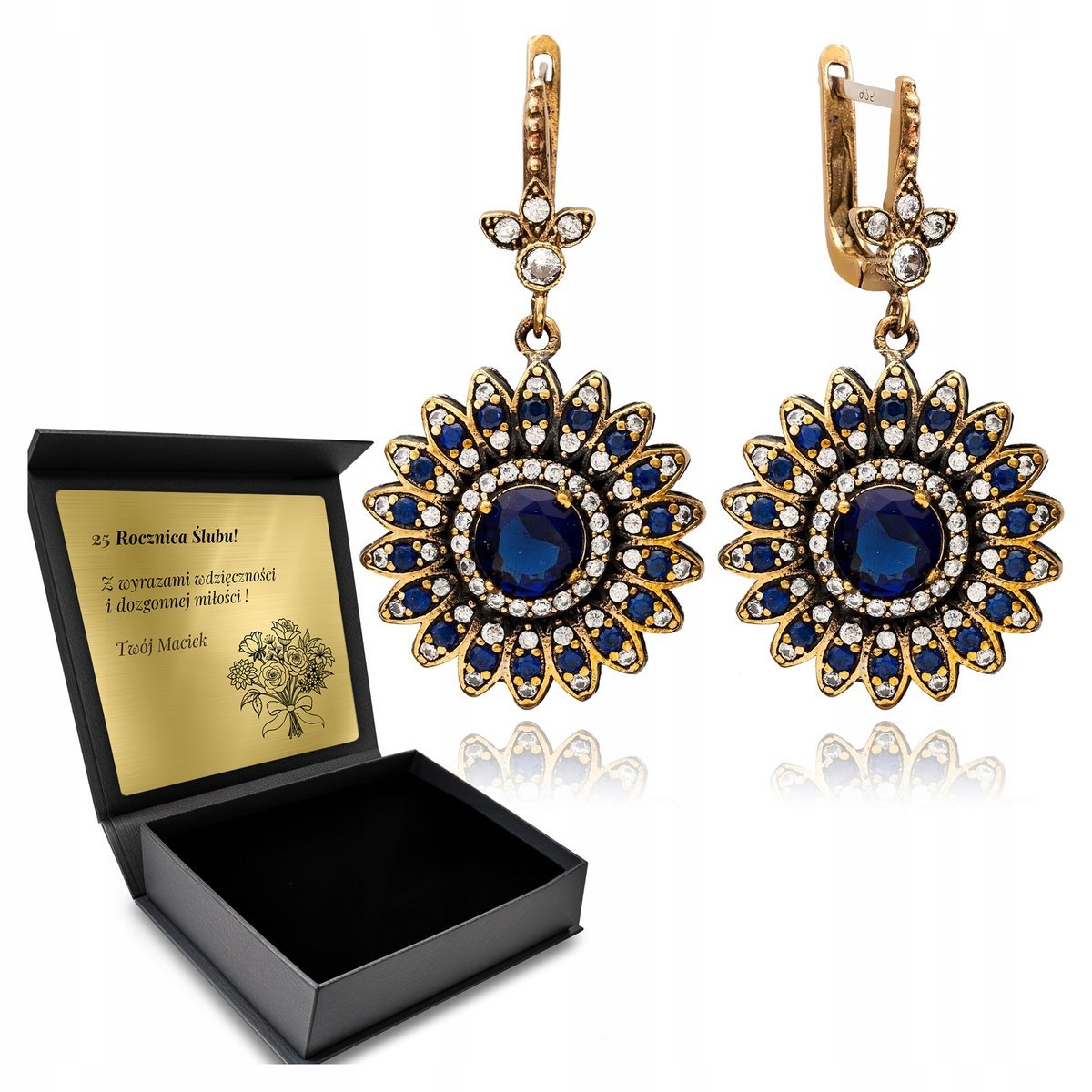 Kolczyki Srebrne 925 Cyrkonie Szafir Biżuteria Dla Kobiety + Grawer
