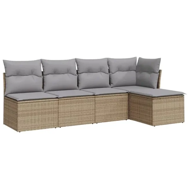 Zestaw wypoczynkowy rattan PE, beżowy, 227x117x69 cm, jasnoszare poduszki