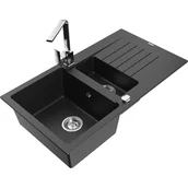 Zlewozmywaki z baterią - Mexen Matias zlewozmywak granitowy 1,5-komorowy z ociekaczem i baterią kuchenną Rita, czarny/srebrny metalik - miniaturka - grafika 1
