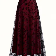 Spódnice - TEMU Elegancka spódnica maxi damska w kwiatowy wzór z koronkowym wykończeniem - długa do podłogi, krój A, strukturalny pas i rozkwitający dołek na - miniaturka - grafika 1