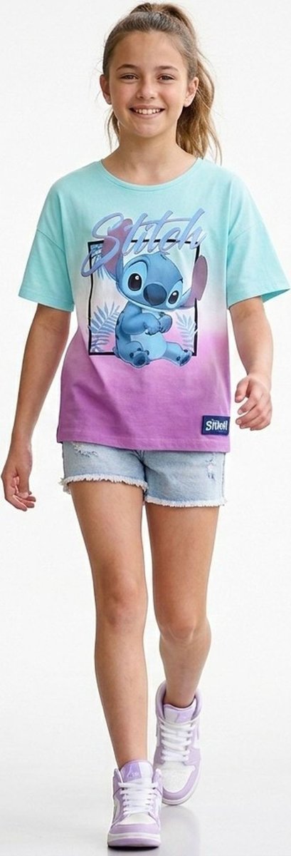 Koszulka dziewczęca Disney Stitch – turkusowo-różowy t-shirt z nadrukiem, 100% bawełna, rozmiar 164 cm