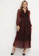 Sukienki - Bordowa Rozkloszowana Sukienka Ozdobiona Metaliczną Nicią z Falbankami Wetarvia - miniaturka - grafika 1
