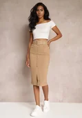 Spódnice - Brązowa Jeansowa Spódnica Ołówkowa Midi z Guzikami i Rozcięciem Jackiesa - miniaturka - grafika 1