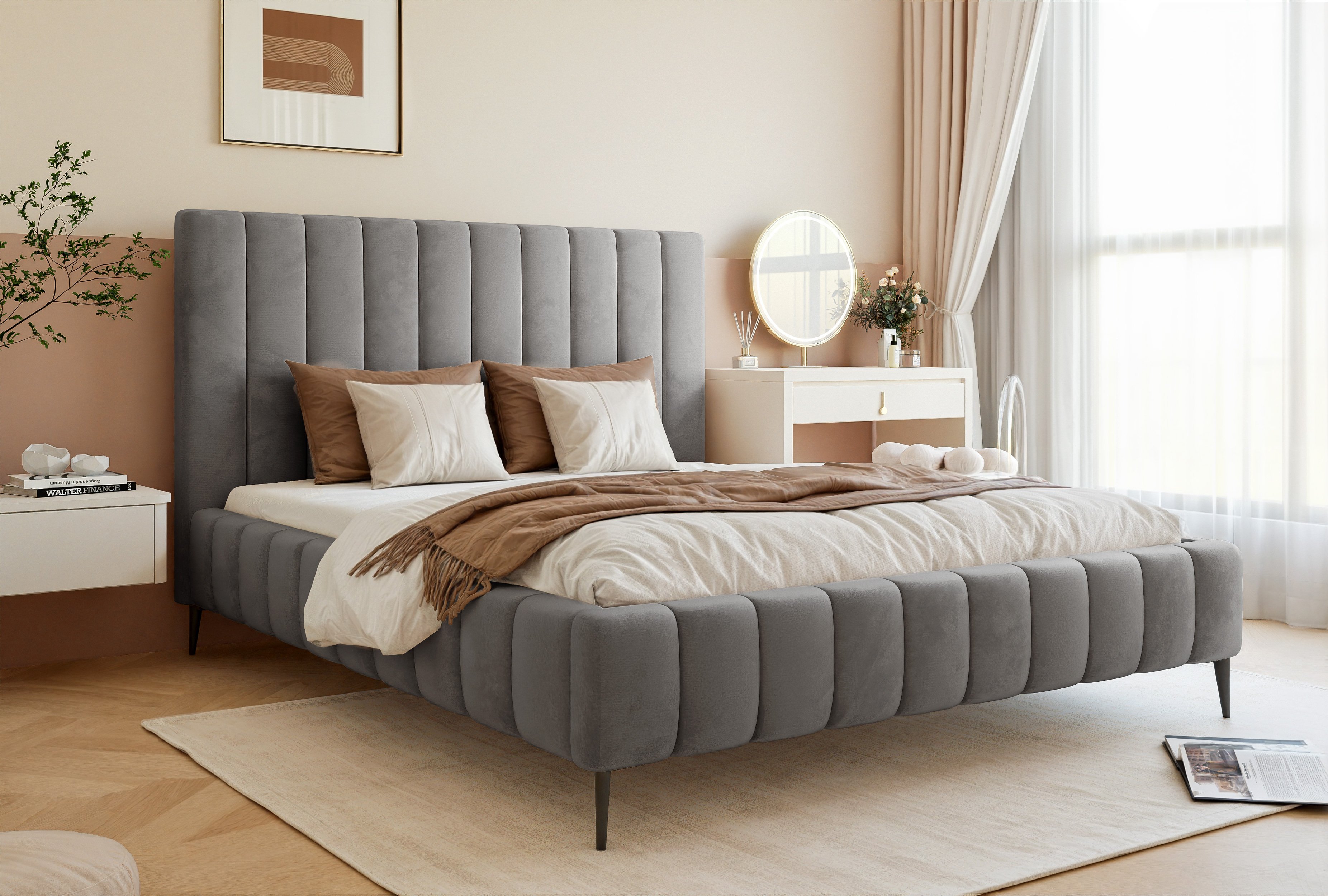 Besilio Möbel - Podwójne łóżko 120x200 Tina II Slim aksamitna tkanina - Designerskie łóżko z listwową ramą, wezgłowiem i podstawą łóżka - Ciemnoszary & Velluto 18