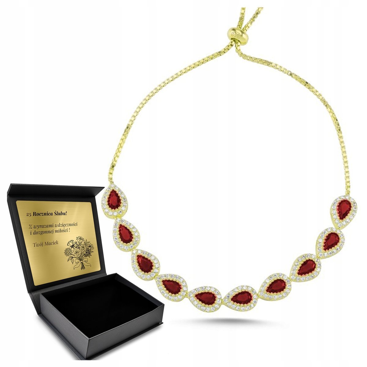 Bransoletka Srebrna Pozłacana Rubin Biżuteria Dla Kobiety + Grawer