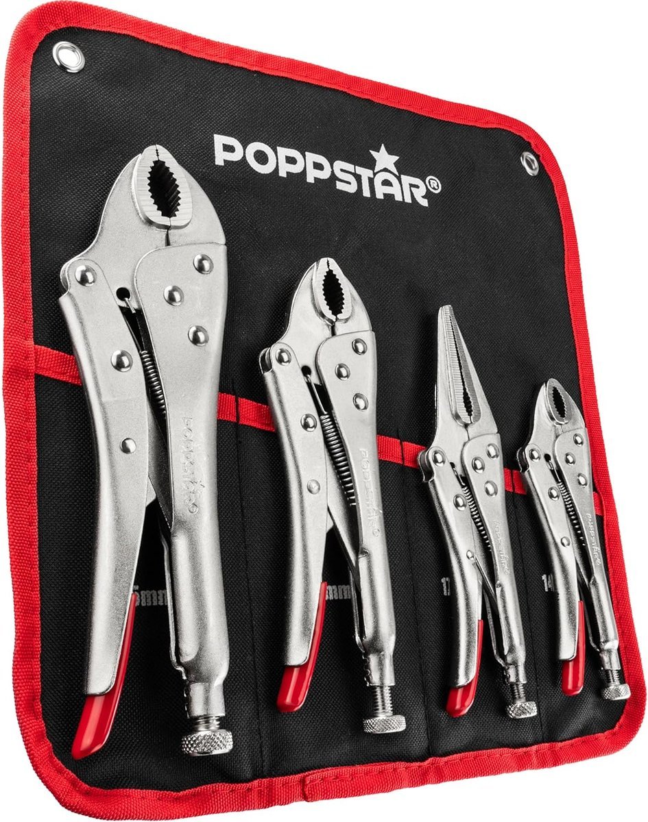 Poppstar zestaw kombinerek do chwytania, 3 szczypce zaciskowe różnej wielkości (225, 182, 140 mm) i 1 długie szczypce (170 mm) w praktycznym etui