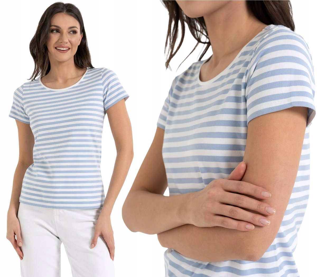 Damska Koszulka T-shirt Bawełniana w Paski Klasyczna BŁĘKITNA MORAJ 3XL