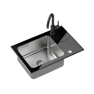 STEINER Zlewozmywak Hugh 116 ST3564SC1BS-BW7059CZP blat szklany) Czarny + bateria Naomi - Zlewozmywaki z baterią - miniaturka - grafika 1