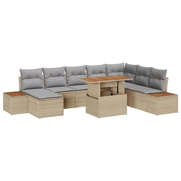 Zestaw Sofa Ogrodowa z Rattanu 9-elementowy, Beżowy/Szary, Miejsca dla 8 o