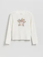 Bluzki dla dziewczynek - Reserved - Bluzka z błyszczącym nadrukiem - złamana biel - miniaturka - grafika 1