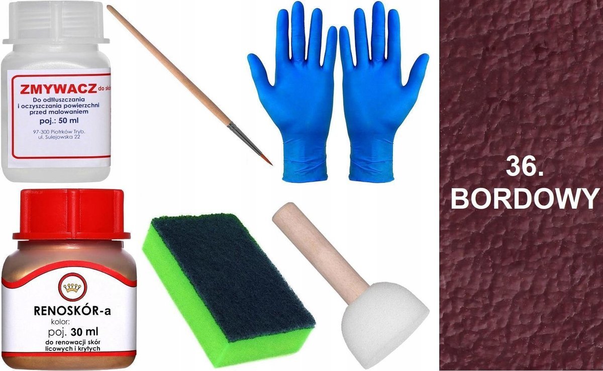 BORDOWY 36 Renoskór ZESTAW DO RENOWACJI SKÓRY LICOWEJ Farba Zmywacz Pędzel