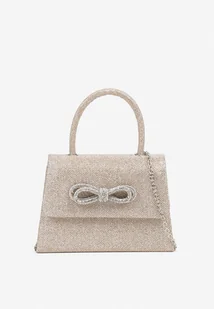 Szampańska Brokatowa Torebka Wieczorowa z Rączką Łańcuszkiem i Aplikacją z Kokardą Esslia - Torebki damskie - miniaturka - grafika 1