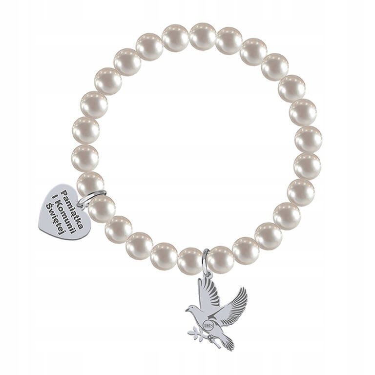 Bransoletka Uniwersalna Gołąb Serce z Grawerem Perły Prezent na Komunię