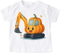 Koszulki dla dziewczynek - Biała koszulka na Dzień Dyni z dynią w kształcie koparki - miniaturka - grafika 1