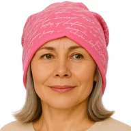 Czapki damskie - Czapka Damska Beanie Włoska Cienka Smerfetka Różowa W Białe Napisy - miniaturka - grafika 1