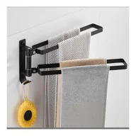 Wieszaki łazienkowe - Aluminiowy wieszak na ręczniki, uchwyt ścienny bez wiercenia, składana i obrotowa półka łazienkowa, czarny podwójny drążek - miniaturka - grafika 1