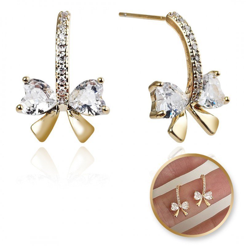 Kolczyki Kokardki Ze Stali Szlachetnej Pozłacanej 14K Złotem Z Cyrkoniami Kst3330
