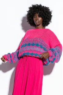 Kolorowy sweter boho F1820 różowy - Swetry damskie - miniaturka - grafika 1