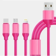 Kable USB - Kabel USB Płaski 3W1 Quick Charge TYP C MICRO USB LIGHTING Różowy - miniaturka - grafika 1