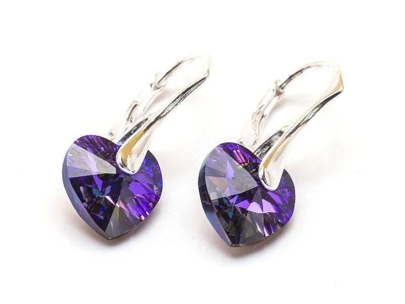 Srebrne Kolczyki 925 Z Kryształami Swarovski Serca 10Mm Heliotrope