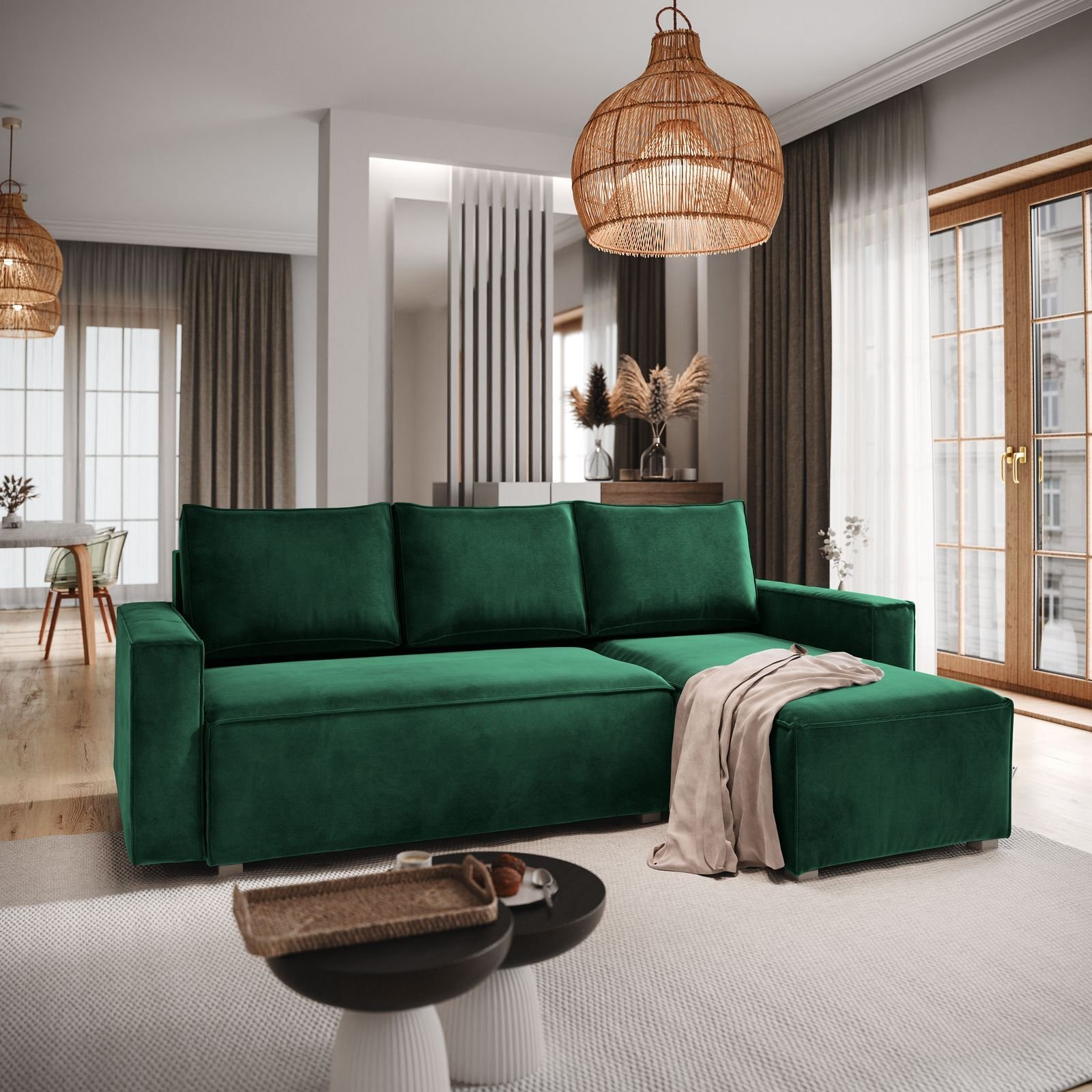 Masseno Narożnik SILES z funkcją spania i pojemnikiem na pościel Kształt L, Rozkładana sofa, Rogówka - Butelkowa zieleń, MONOLITH 37