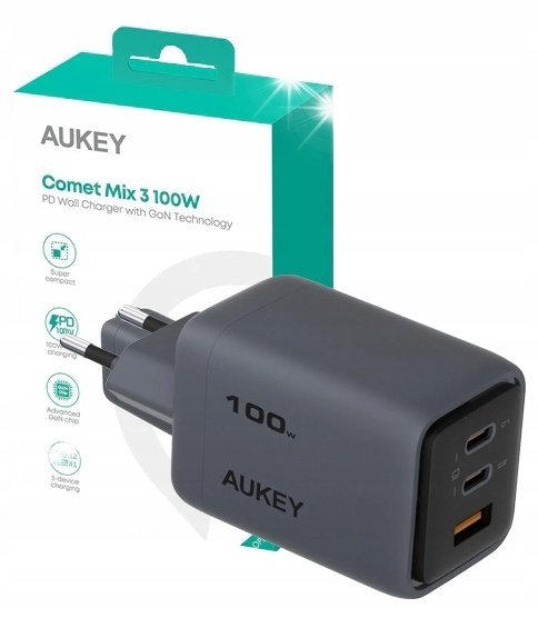 ŁADOWARKA SIECIOWA AUKEY podróżna kompaktowa 100W 1x USB-A 2x USB-C GaN