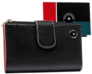 Damski portfel skórzany Peterson z kolorowym środkiem pojemna portmonetka na karty i gotówkę, czarny - Portfele - miniaturka - grafika 1