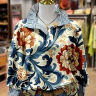 Koszule damskie - TEMU Elegancka Bluzka Damska w Paisley - Długi Rękaw, Zapinana na Guziki, Wielokolorowa (Granatowy/Beżowy/Czerwony/Złoty) - Strukturalna Zimowa - miniaturka - grafika 1