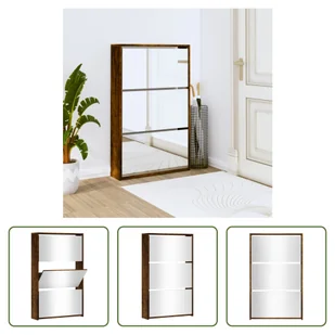 The Living Store Szafka na buty z lustrem 3 przegrody dąb wędzony 63x17x102,5 cm - Szafki na buty - miniaturka - grafika 1