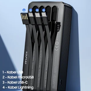 AWEI PowerBank P134K 20000mAh czarny/black wyświetlacz + kable USB/PD/Lightning/MicroUSB - Powerbanki - miniaturka - grafika 5