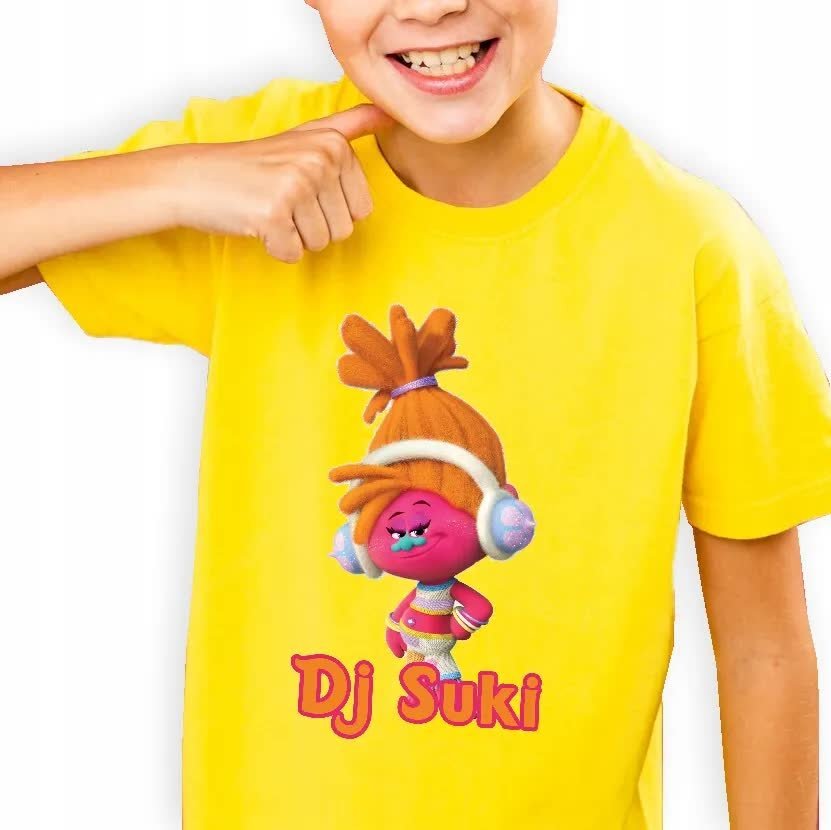 MODNA KOSZULKA BAWEŁNIANA DZIECIECA ŻÓŁTA DLA FANA TROLI DJ SUKI WZORY 122