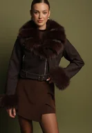 Kurtki damskie - Brązowa Ocieplana Kurtka Ramoneska z Futrem przy Kołnierzu i Rękawach Mevesala - miniaturka - grafika 1