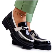 Półbuty damskie - S.Barski Lakierowane Damskie Półbuty Loafery Czarno-Białe Cassida czarne - miniaturka - grafika 1