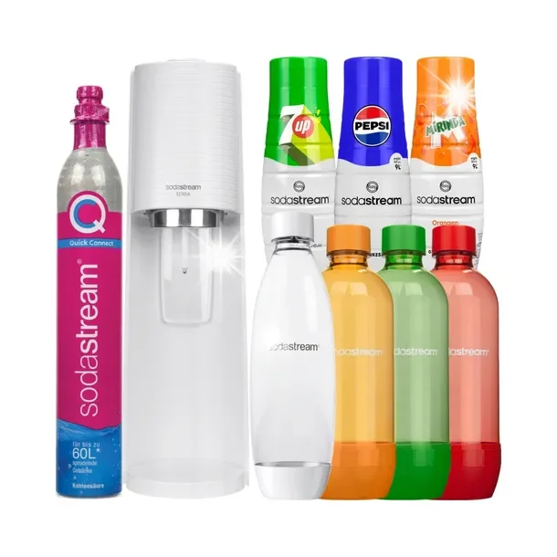 Saturator Sodastream Terra Biały 4 Butelki + 3 Syropy Pepsi Mirinda 7up