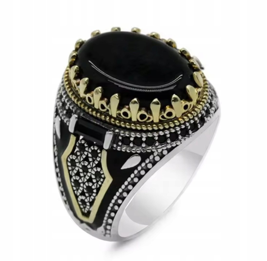 Srebrny Sygnet z Dużym Onyksem i Onyksami Złoty Czarny Stal Szlachetna