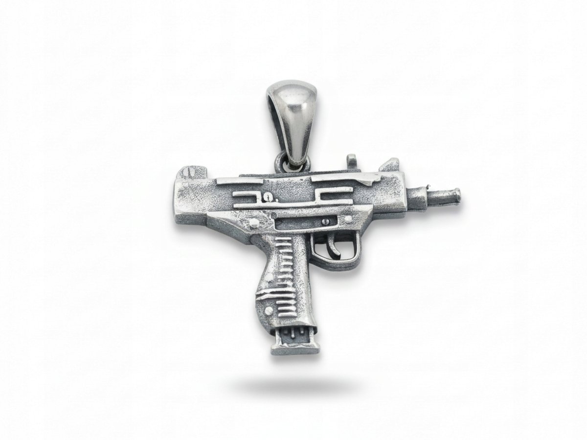 Srebrny wisiorek 925 oksydowana męska pistolet Uzi dla mężczyzny na prezent