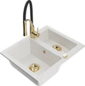 Zlewozmywaki z baterią - Mexen Carlos zlewozmywak granitowy 1,5-komorowy z baterią kuchenną Aster, biały - 6518-20-73450-57-G - miniaturka - grafika 1