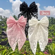 Ozdoby do włosów - TEMU 3 szt. Eleganckie spinki do włosów z kokardą z koronki dla kobiet, słodkie akcesoria do upięć z sprężynową klamrą do tyłu głowy - miniaturka - grafika 1