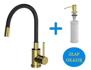 Quadron POP Bateria zlewozmywakowa stalowa MAGGIE kolor złoty z elastyczną czarną wylewką plus dozownik okrągły do płynu KEIRA PVD kolor złoty - Baterie kuchenne - miniaturka - grafika 1