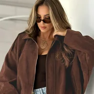 Kurtki damskie - TEMU Damska Retro Kurtka Motocyklowa - Zimowy PﾅＢszcz z KoﾅＯierzem i BiaﾅＺmi Listrami, Brﾄ�zowa Kurtka Motocyklowa, Pranie Maszynowe, Nieelastyczna - miniaturka - grafika 1