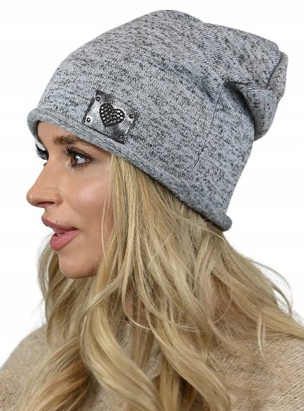 CZAPKA damska bawełniana z polarem smerfetka jesienna zimowa wz 15 SZARY