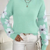 Bluzy damskie - TEMU Wiosenna, Jesienna i Zimowa Elegancka Casual Bluza z Okrągłym Dekoltem, Haftem Kwiatowym, Kolorowe Bloki, Wszechstronna Modna Długa Rękaw Sweter - miniaturka - grafika 1