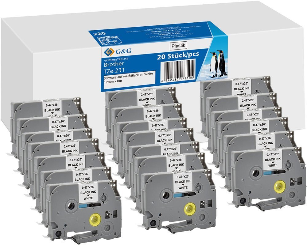 20x G&G Schriftband 12mm x 8m sw ws komp. m. Brother TZe-231