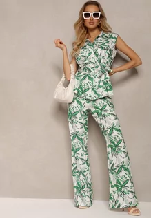 Komplety damskie - Zielono-Biały Komplet Szerokie Spodnie High Waist na Guziki z Paskiem Podkreślającym Talię Jinelia - grafika 1