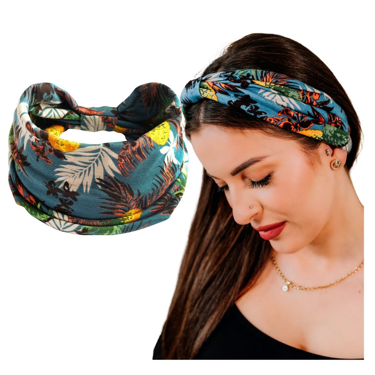 Opaska do Włosów Niebieska Turban na Głowę Szeroka w Kwiaty MIŁA W DOTYKU