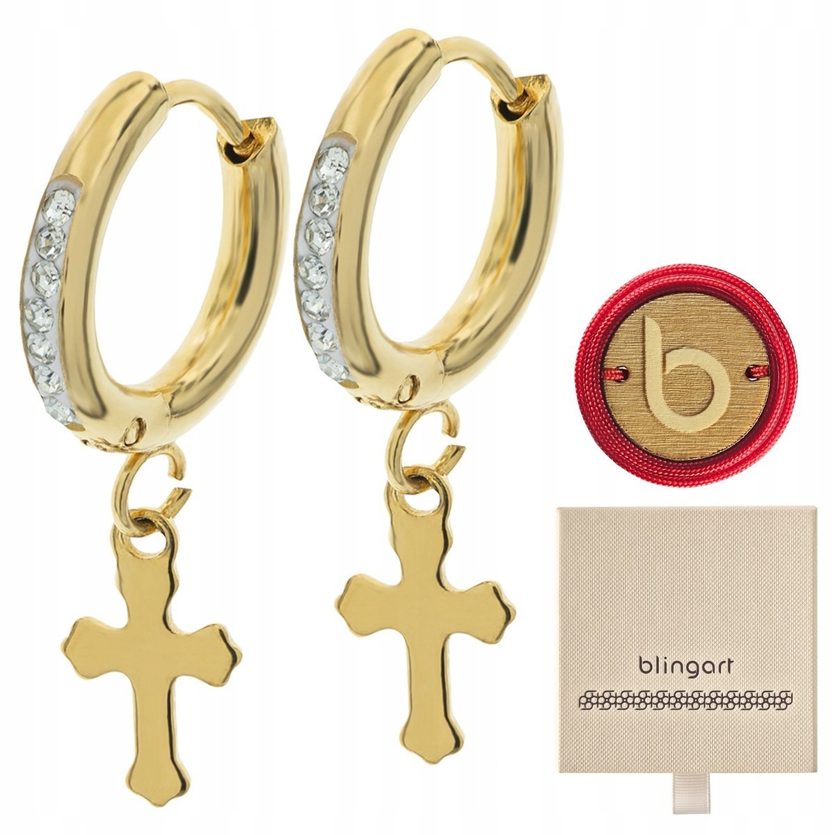Kolczyki koła wiszące krzyże pozłacane stal chirurgiczna cyrkonie BLINGART